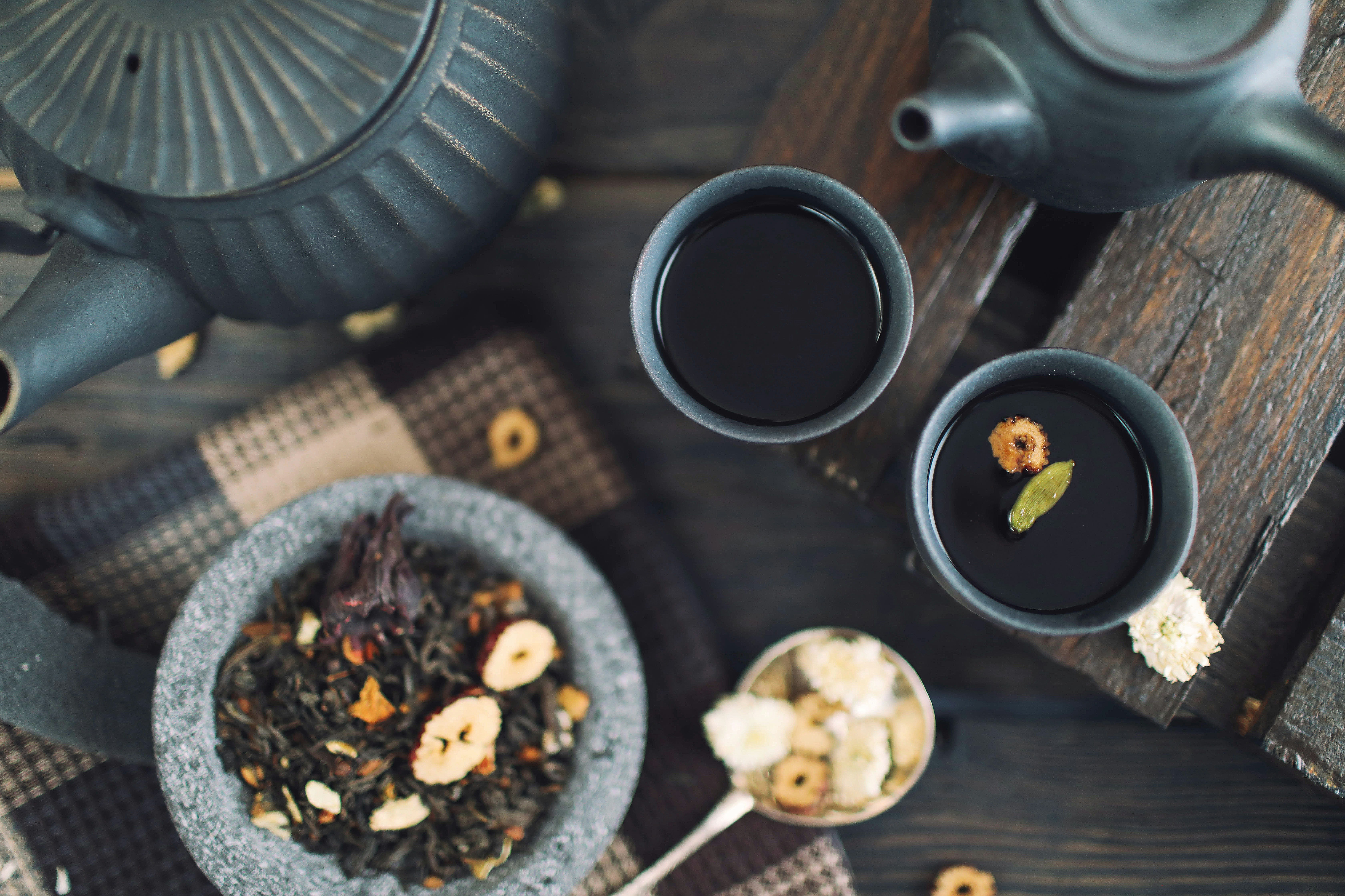 overhead shot of tea cups steaming