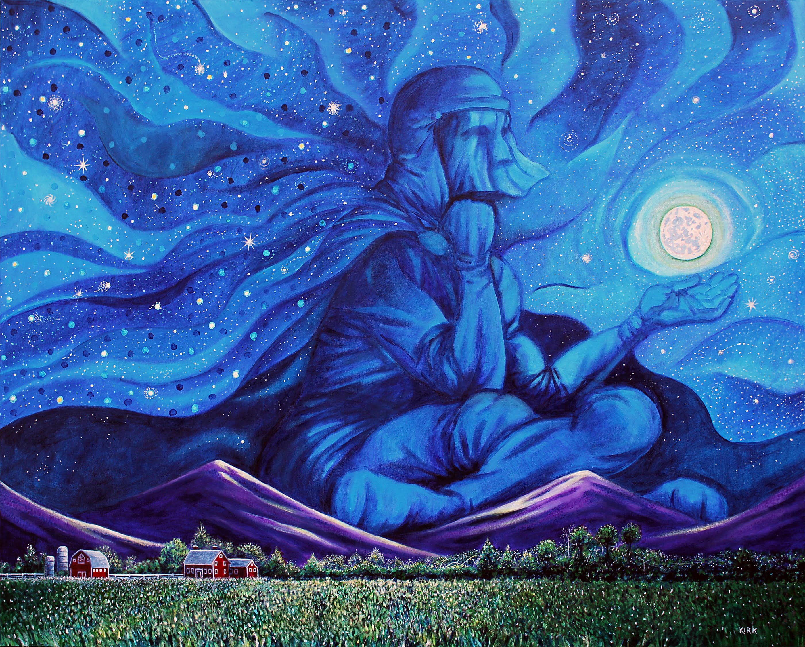 blue cloaked figure sitting under night