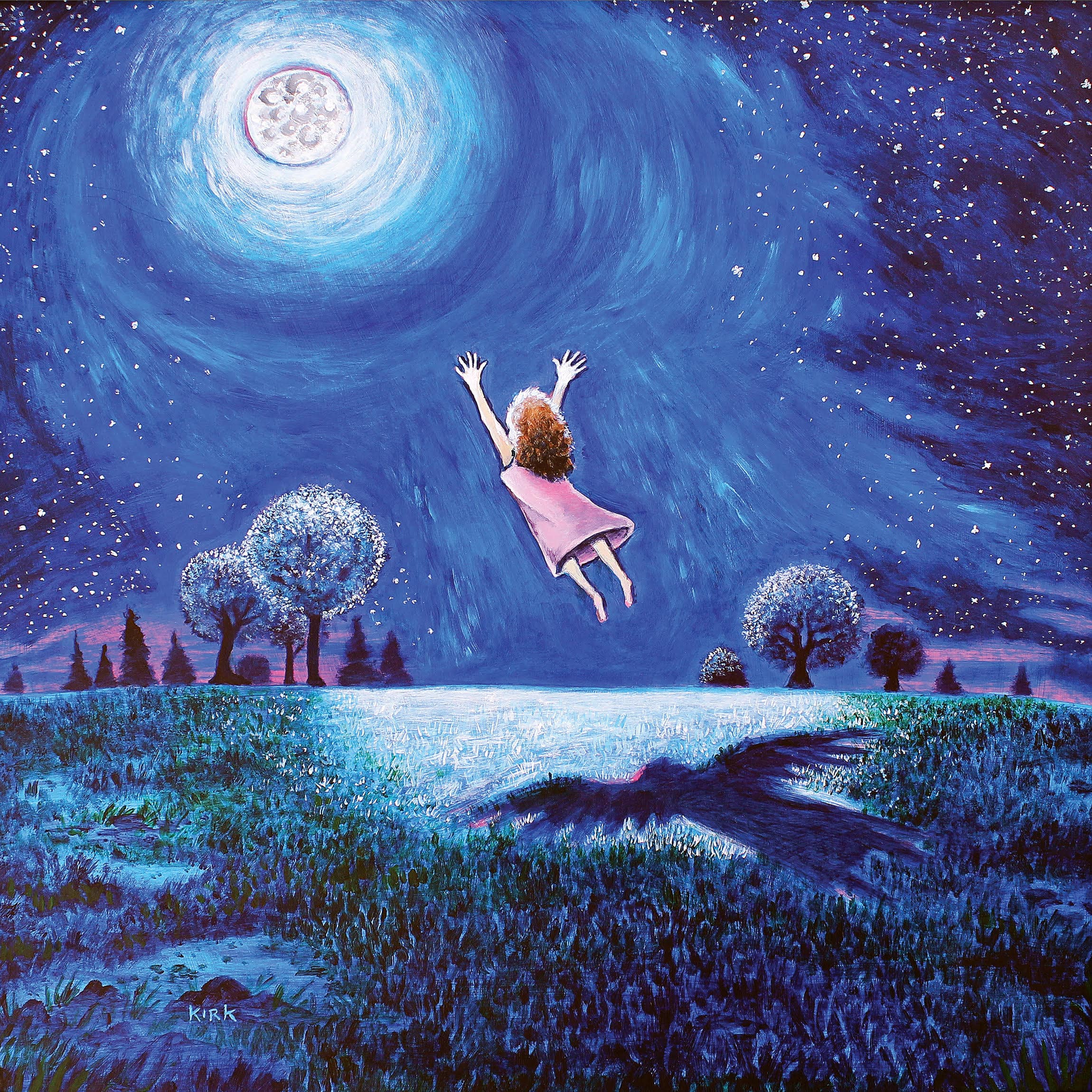 girl flying into night air reaches to hug moon