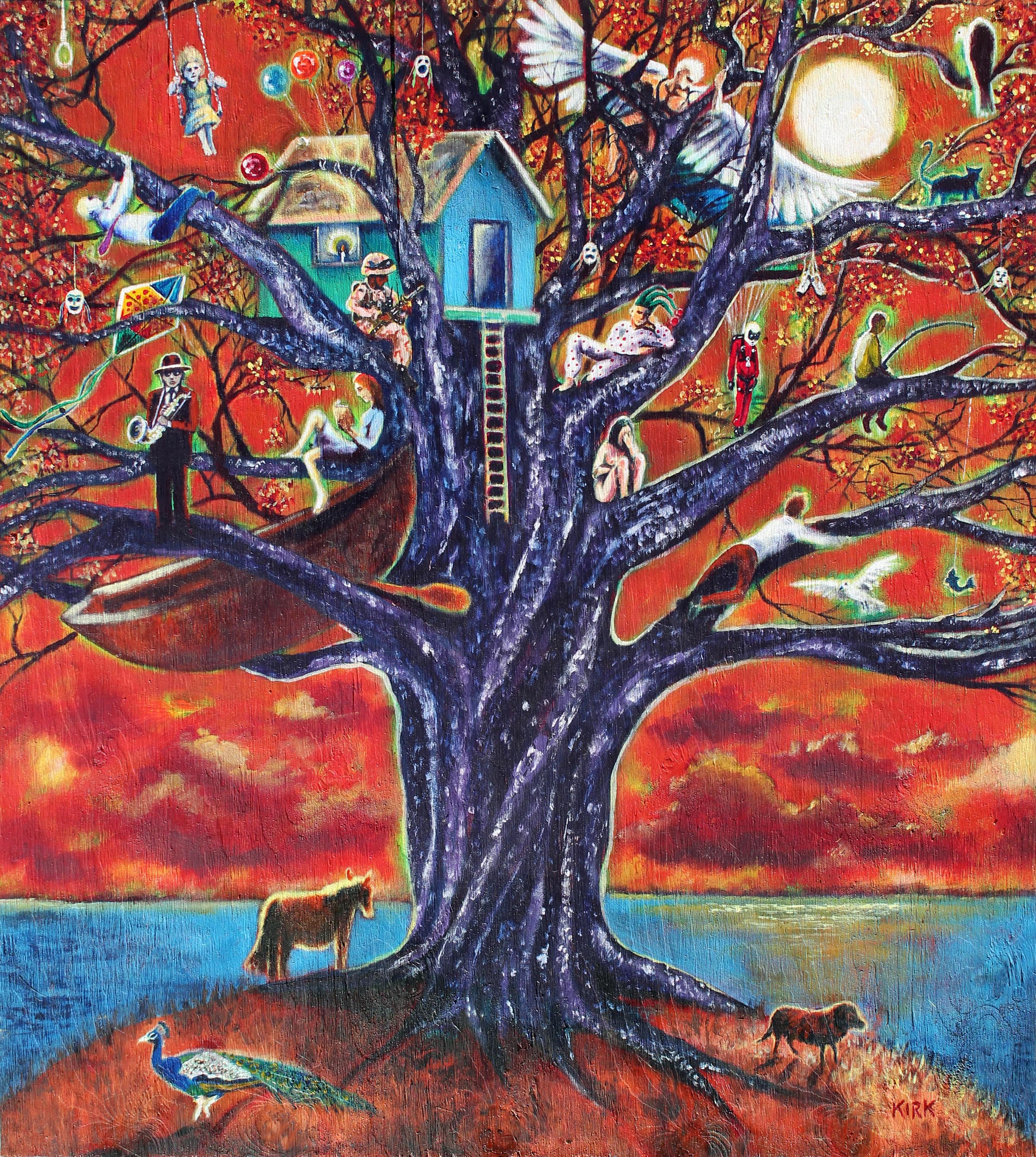 brightly colored tree full of animals, people, and toys