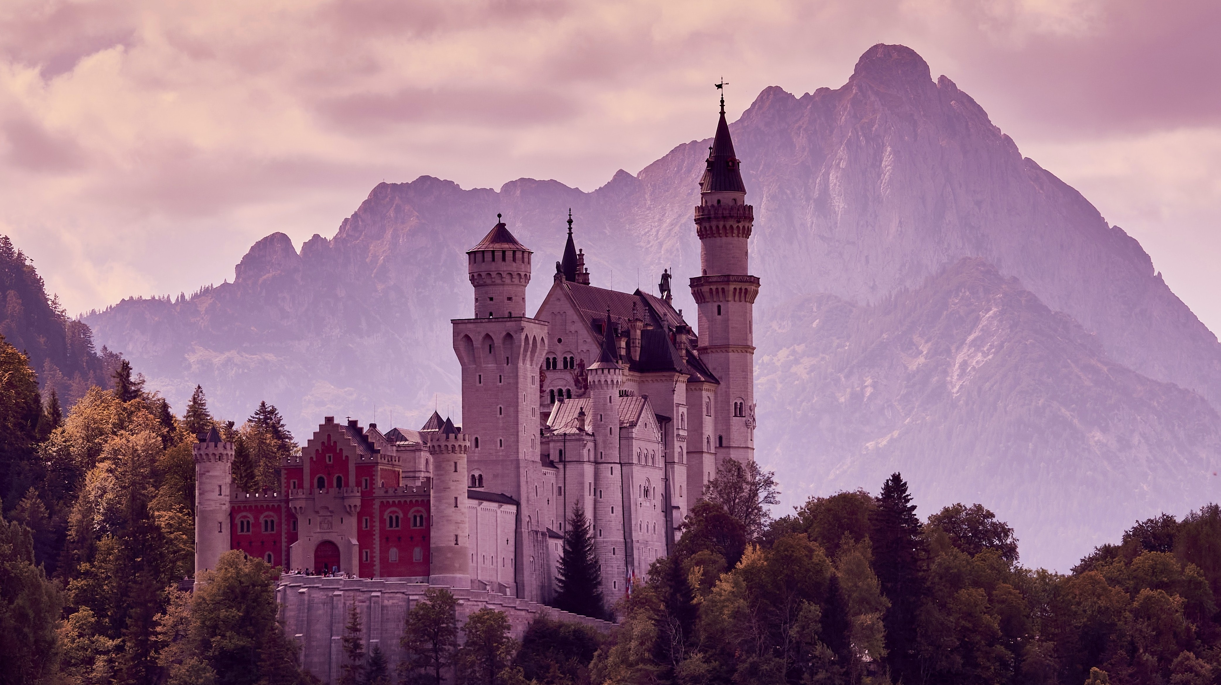 castle with purple light filtering over it
