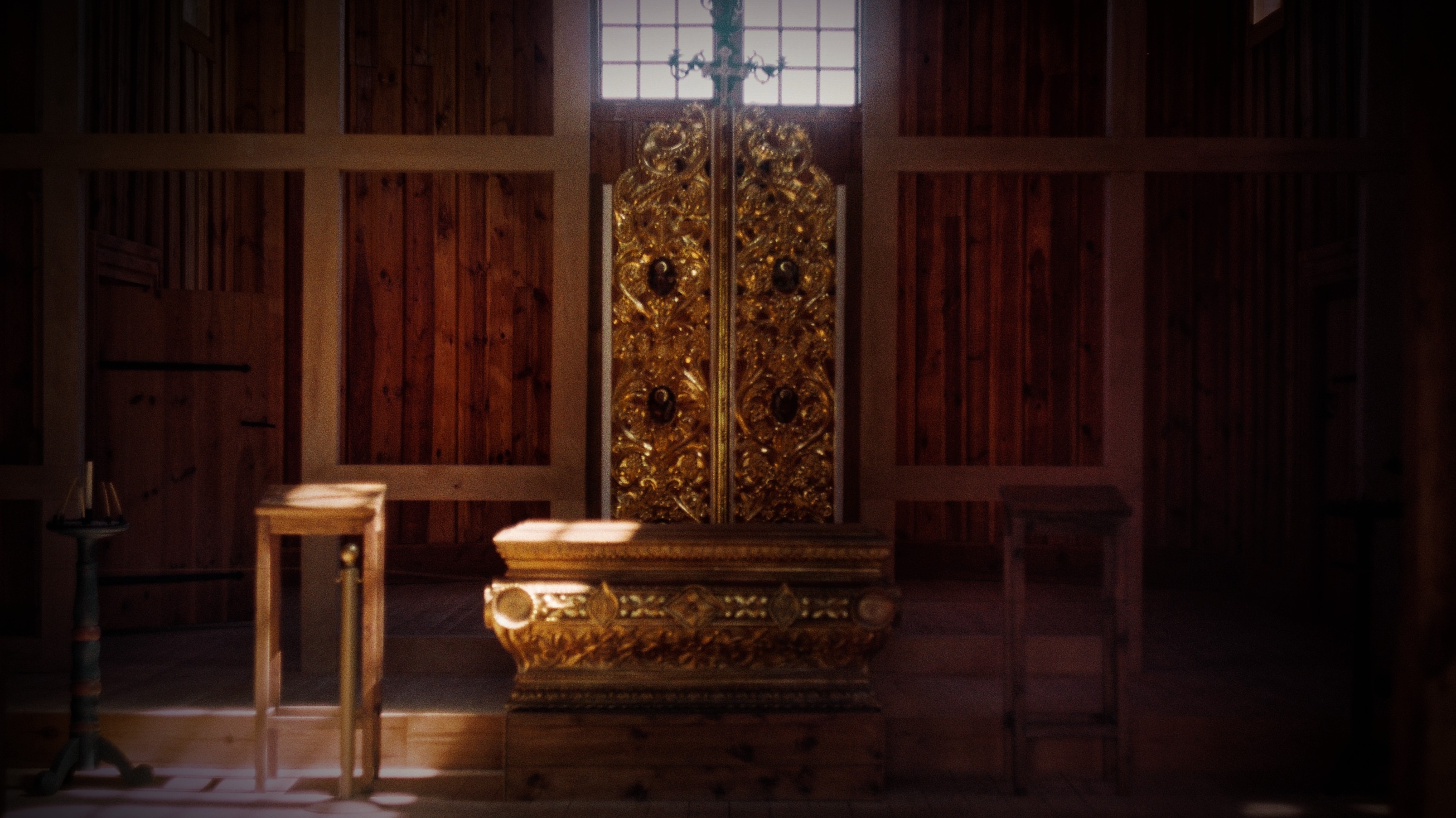 wooden throne in sunlight