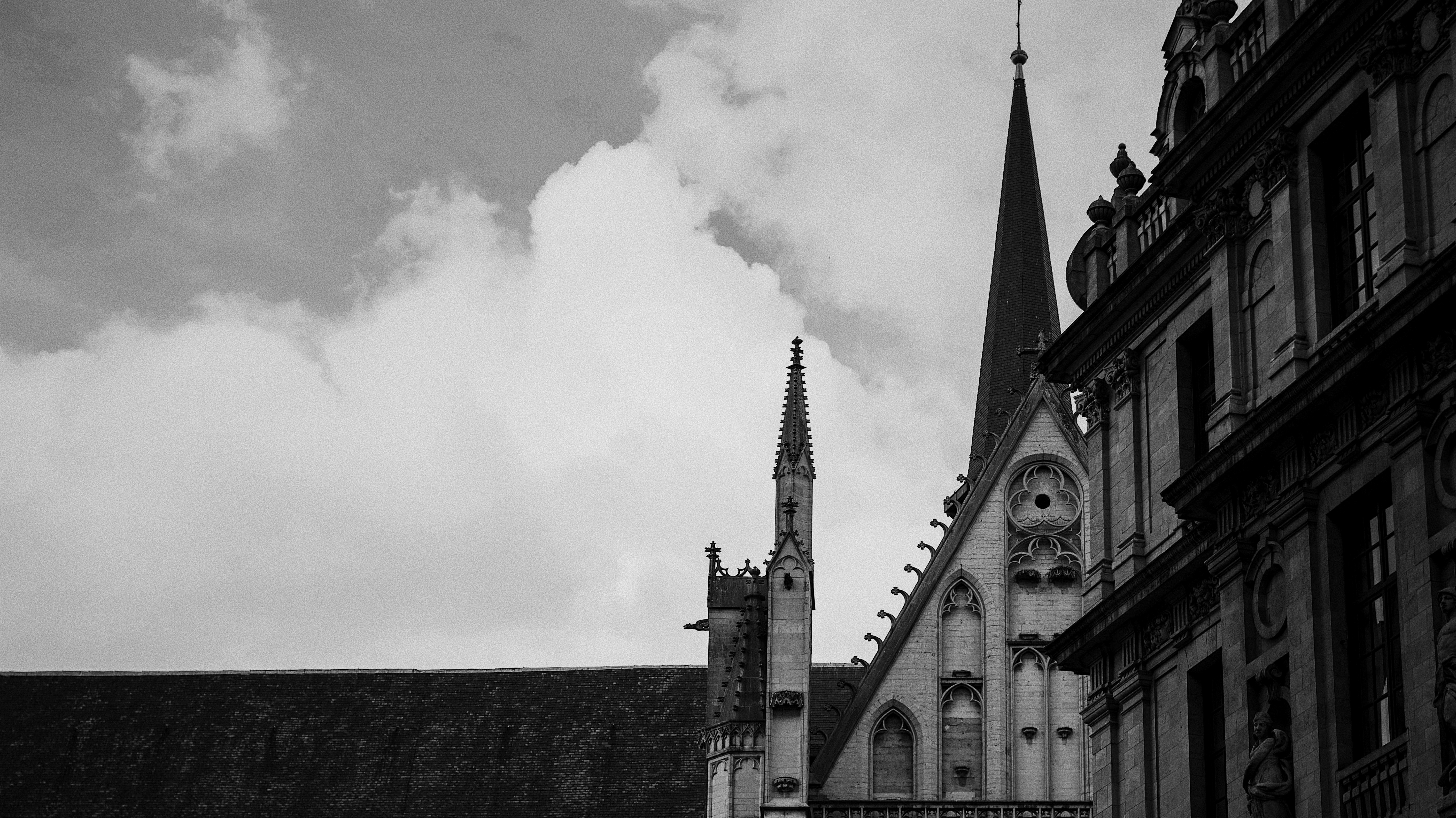 church spire in grayscale