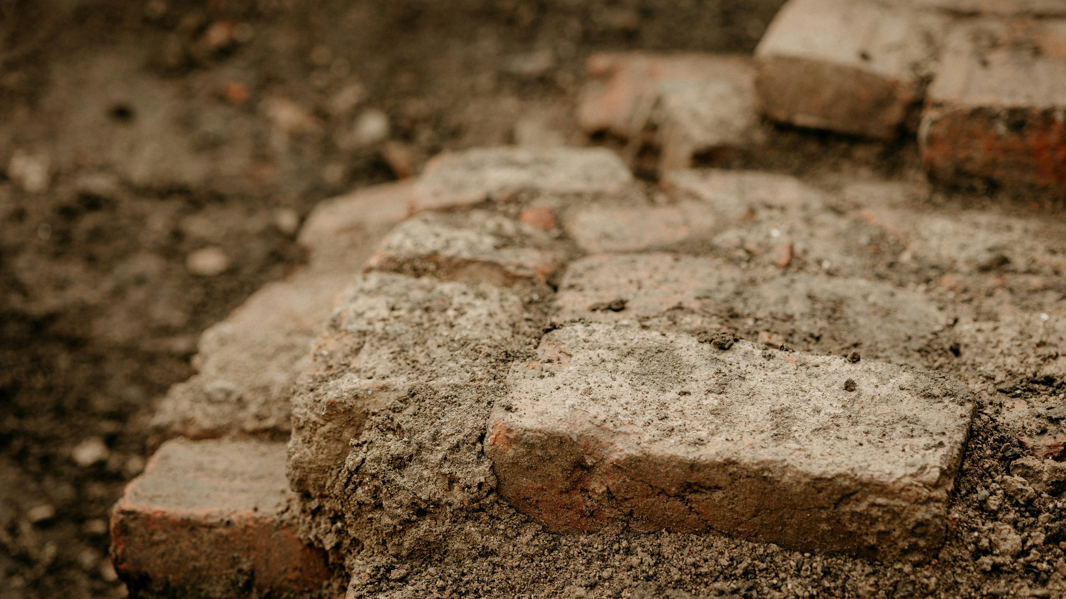 broken brick edge along a dirt-covered street