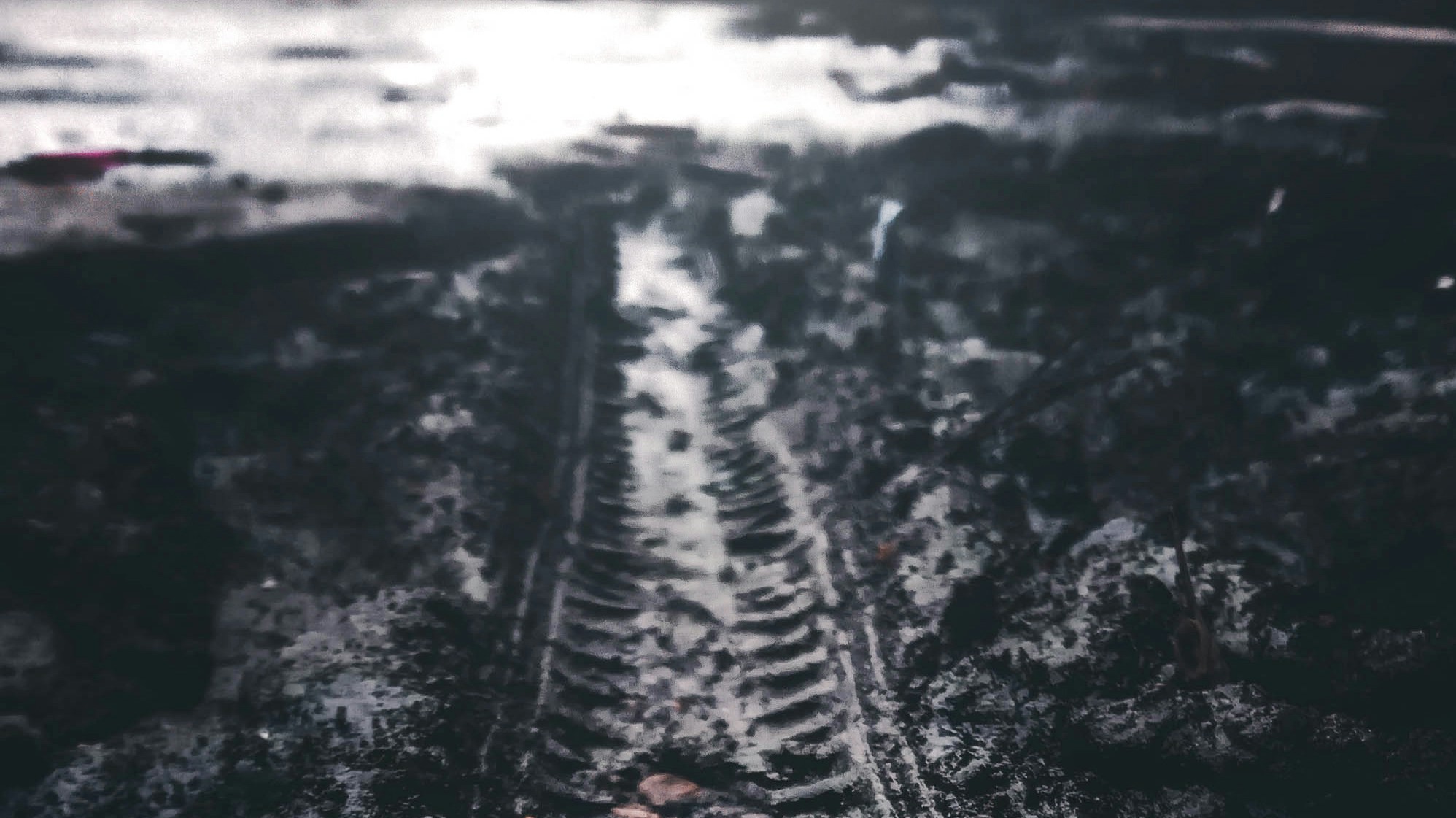 desolate and muddy tire track going into distance
