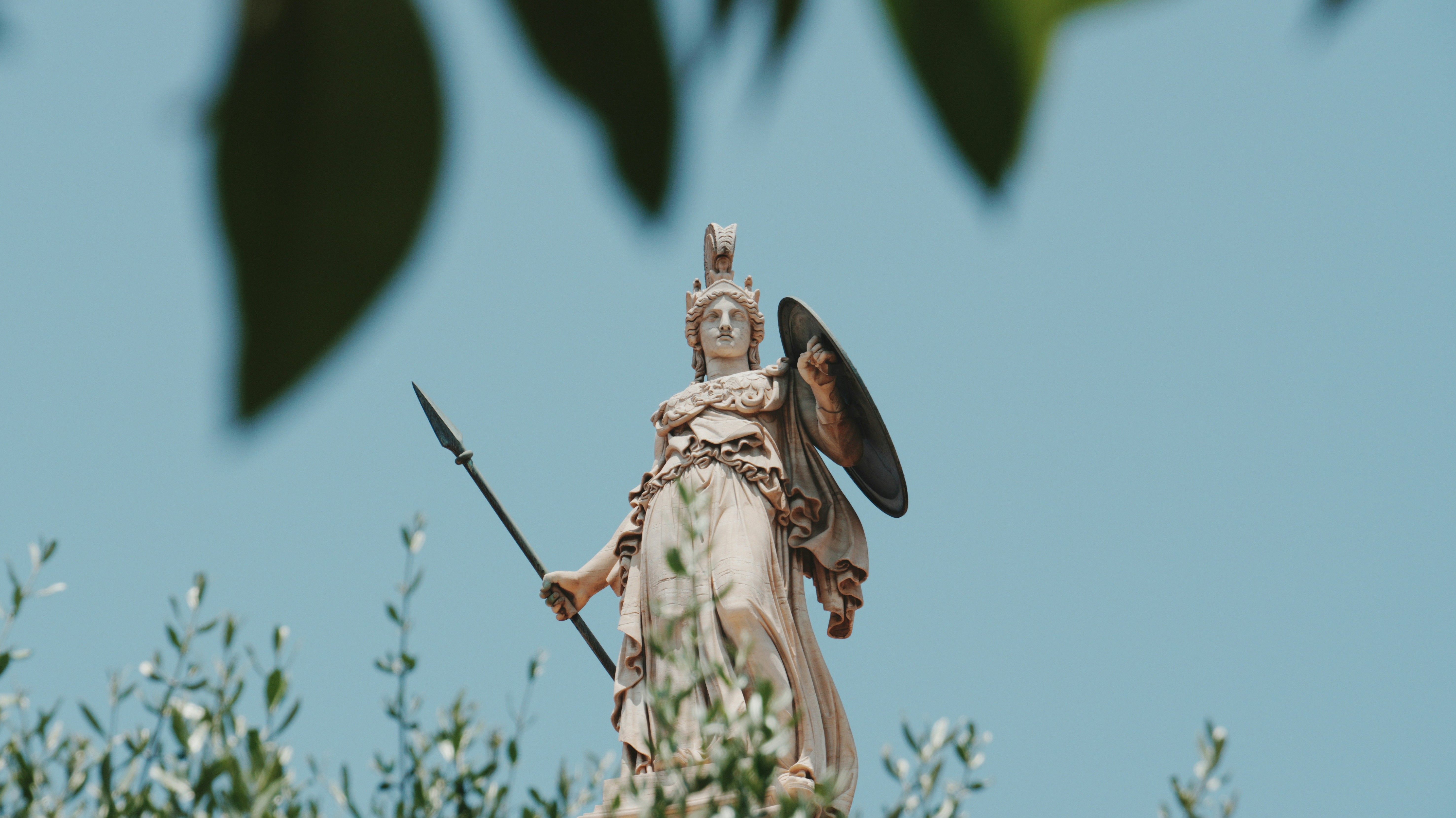 statue of athena seen through branches
