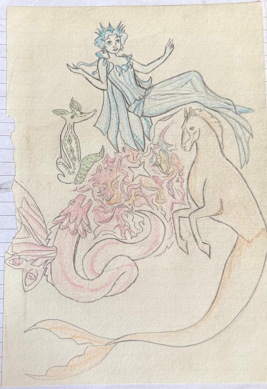 drawings of mythical creatures around fire